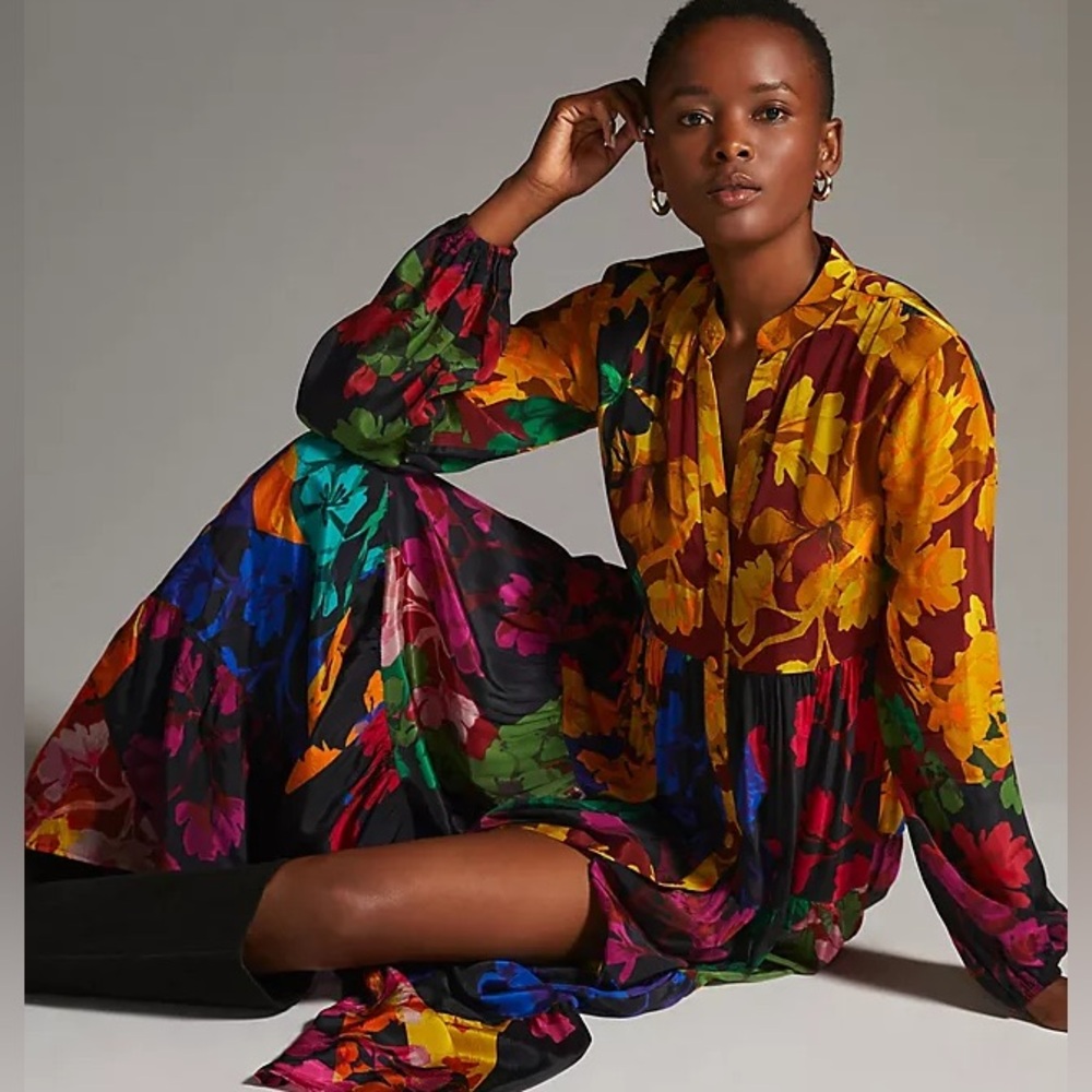 Anthropologie Siddhartha Bansal flower maxi long sleeve Print  Dress size xs